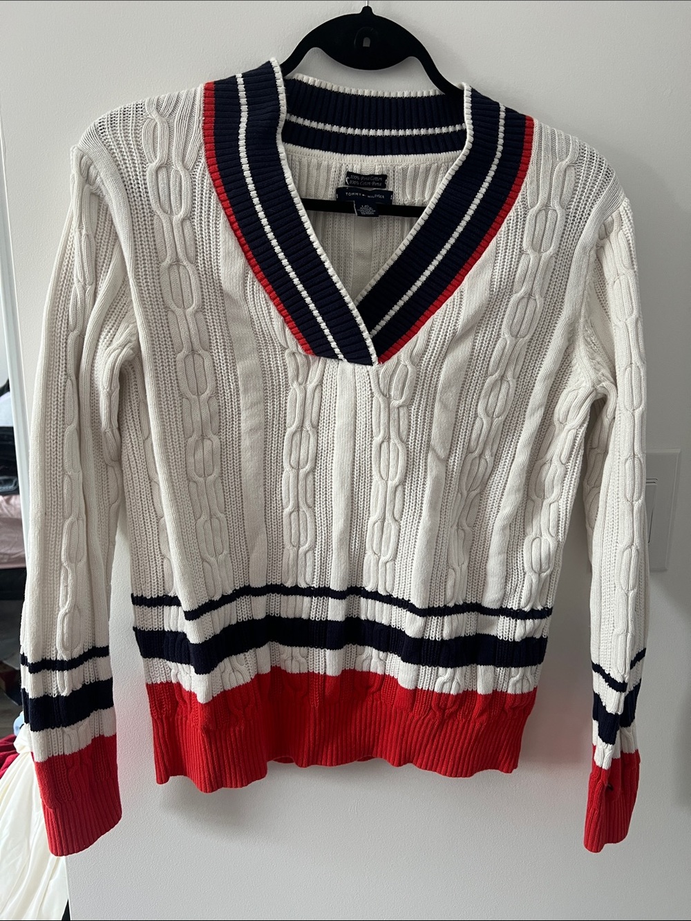 Tommy Hilfiger Cable-Knit V-Neck Sweater with Navy & Red Trim